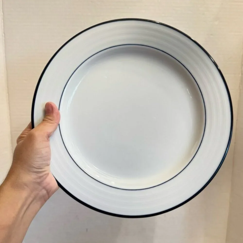 1 Crate & Barrel Spal Porcelain Roulette Blue Trim 10 5/8” Dinner Plate